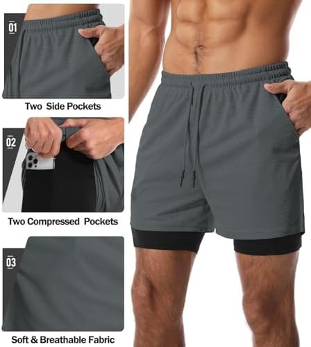 Men's 2 Pack Gym Shorts 2 in 1 Running Shorts 7" Quick Dry Training Athletic Workout Shorts with 5 Pockets