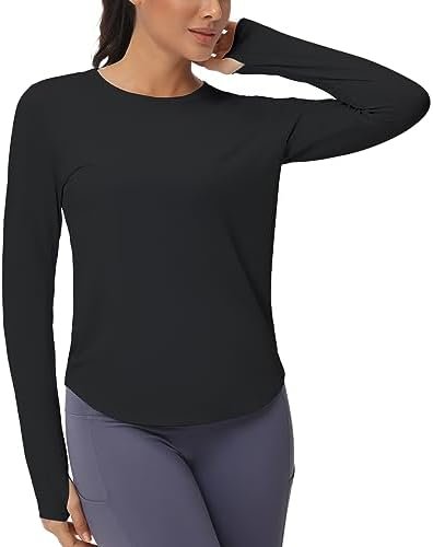 Women's Long Sleeve Workout Shirts Athletic Crewneck Hiking Tops with Thumb Hole