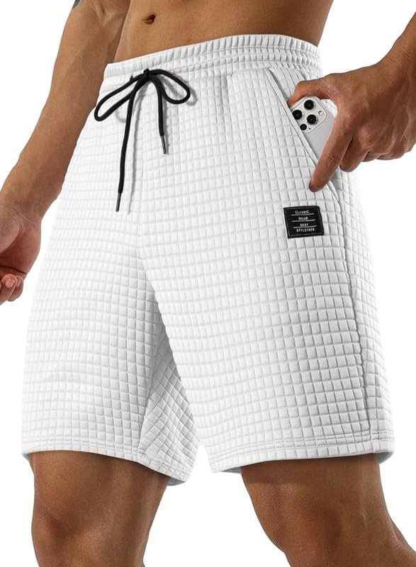 Mens Sweat Shorts Casual Stretch Elastic Waist Waffle Workout Gym Short 7 inch Inseam Running Short with Pocket