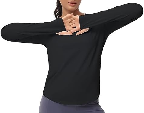 Women's Long Sleeve Workout Shirts Athletic Crewneck Hiking Tops with Thumb Hole