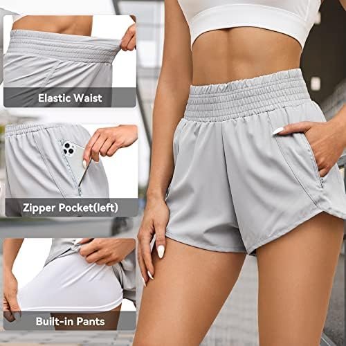 Athletic Shorts for Women Elastic High Waist Running Shorts with Pocket Comfy Casual Workout Shorts with Liner