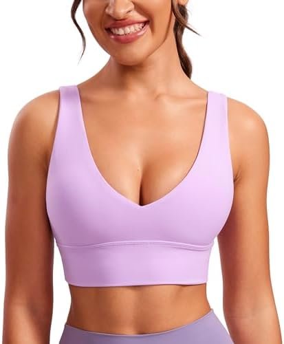 Womens V-Neck Longline Sports Bra - U Back Wireless Yoga Bra Low Impact Padded Crop Top