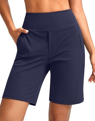 Women's 9" High Waisted Shorts with 4 Pockets Knee Length Long Shorts for Women Workout Athletic Casual