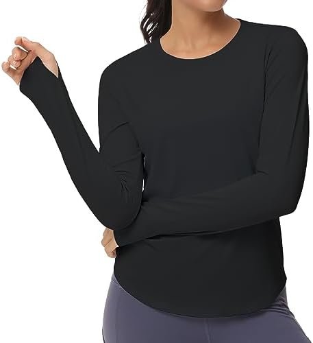 Women's Long Sleeve Workout Shirts Athletic Crewneck Hiking Tops with Thumb Hole