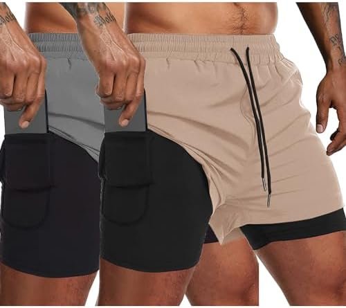 Men's 2 Pack Running Shorts 2 in 1 Workout Shorts Quick Dry Gym Training Athletic Jogger with Phone Pockets