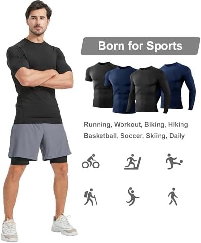 4 Pack Men's Compression Shirts Short/Long Sleeve Athletic Workout Rash Guard Sports Undershirt Gear Top for Men